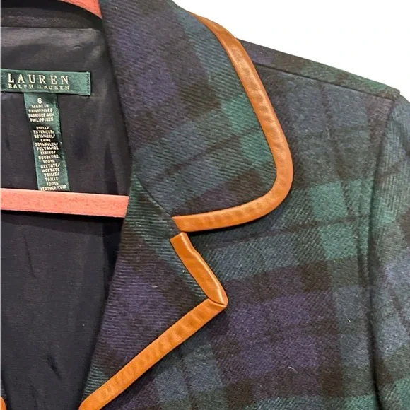 Ralph Lauren Women's Navy Blue, Green Plaid Jacket with brown leather trim acc